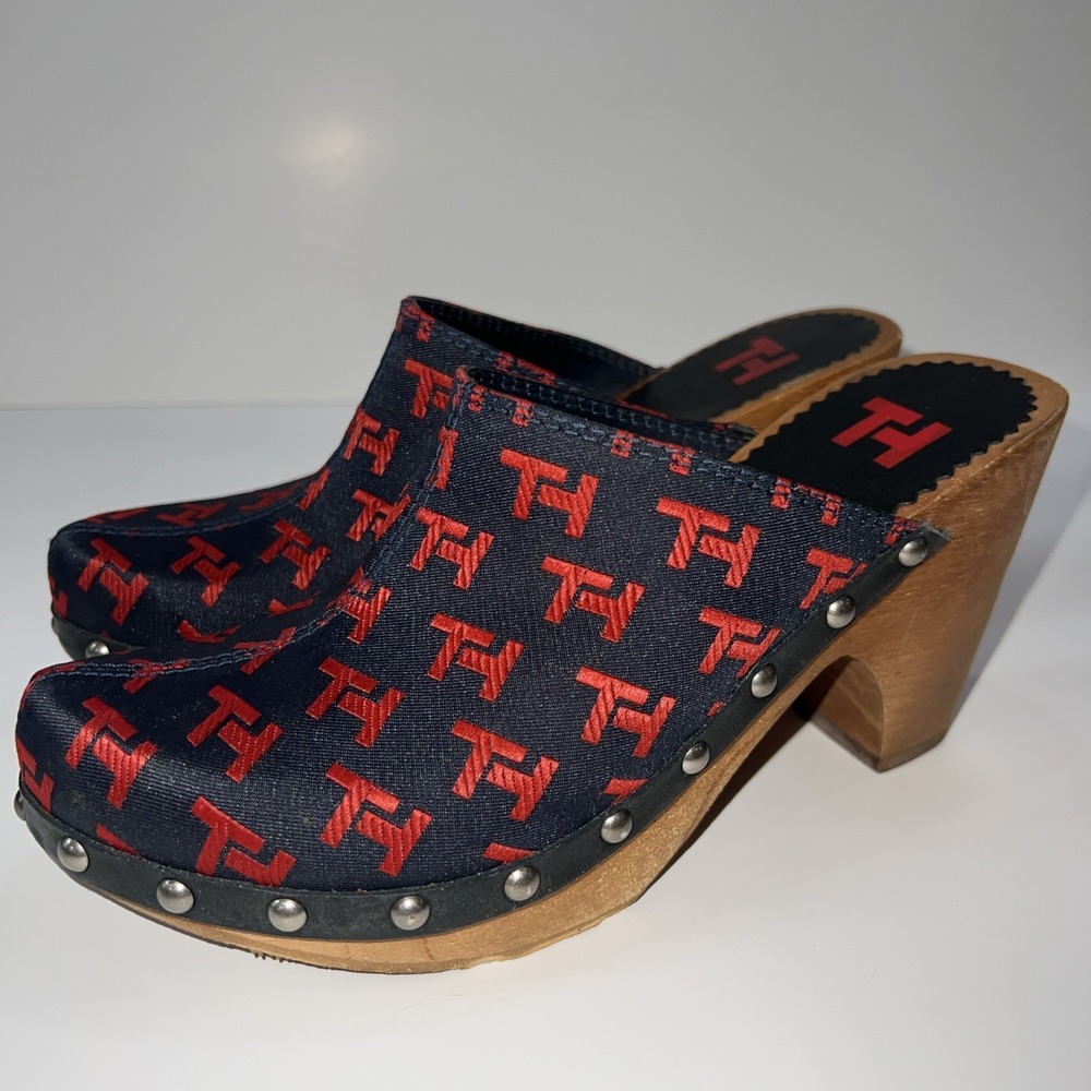 Vintage Tommy Hilfiger TH Monogram Canvas Wood‎ Clog Mules Y2K Womens 5M Brazil